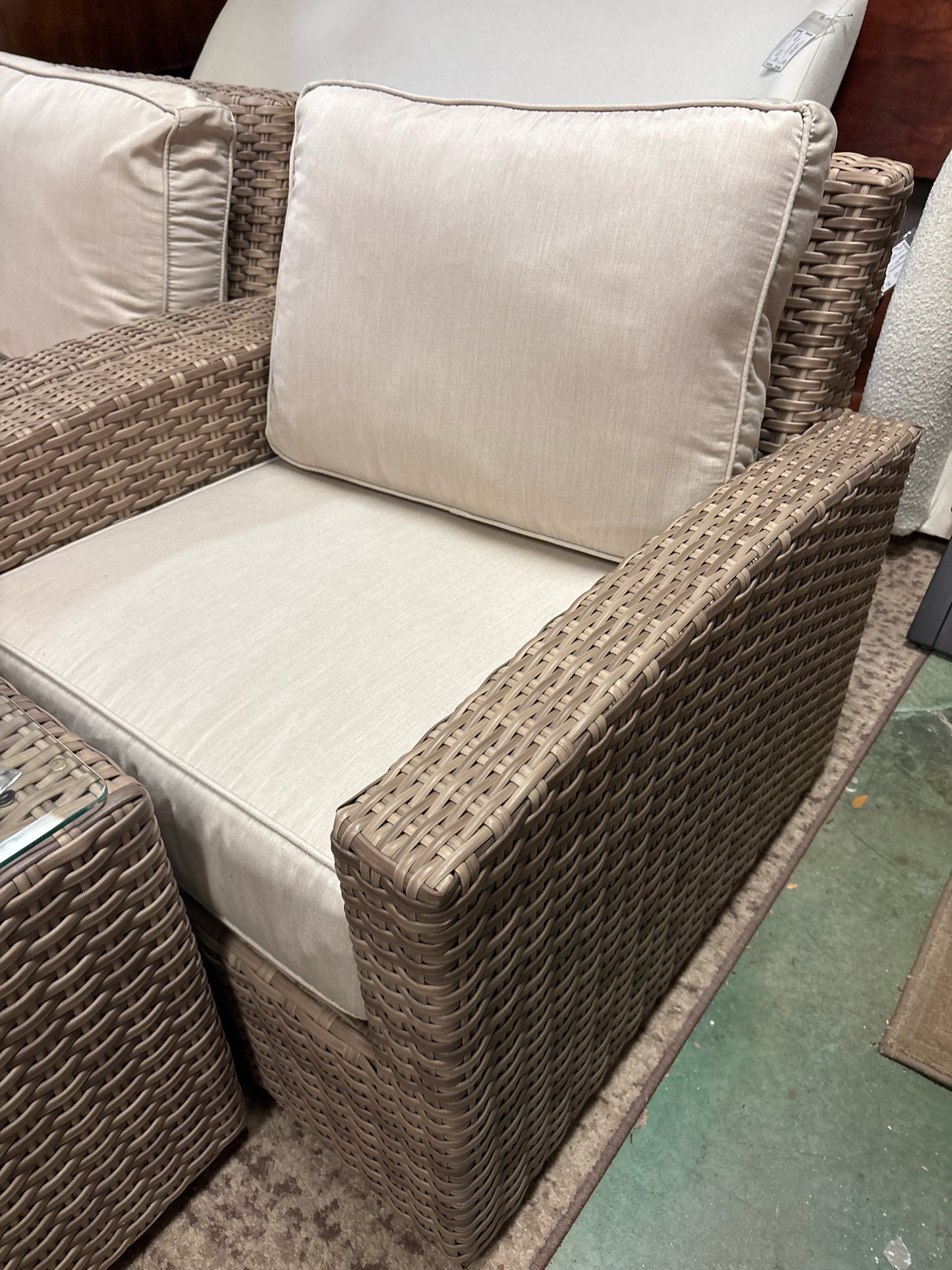 PAIR Handwoven All-Weather Resin Wicker Patio Arm Chairs -Sandy Color w/Sunbrell