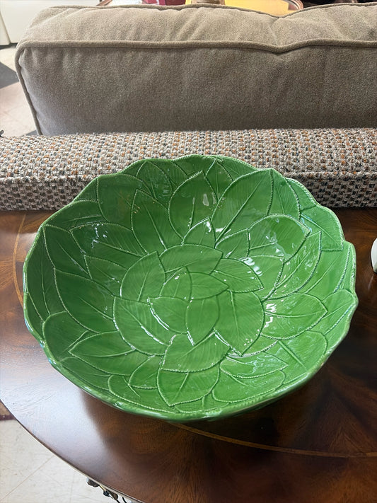 Ceramiche Leonardo Green Majolica Serving Bowl - Leaf Pattern