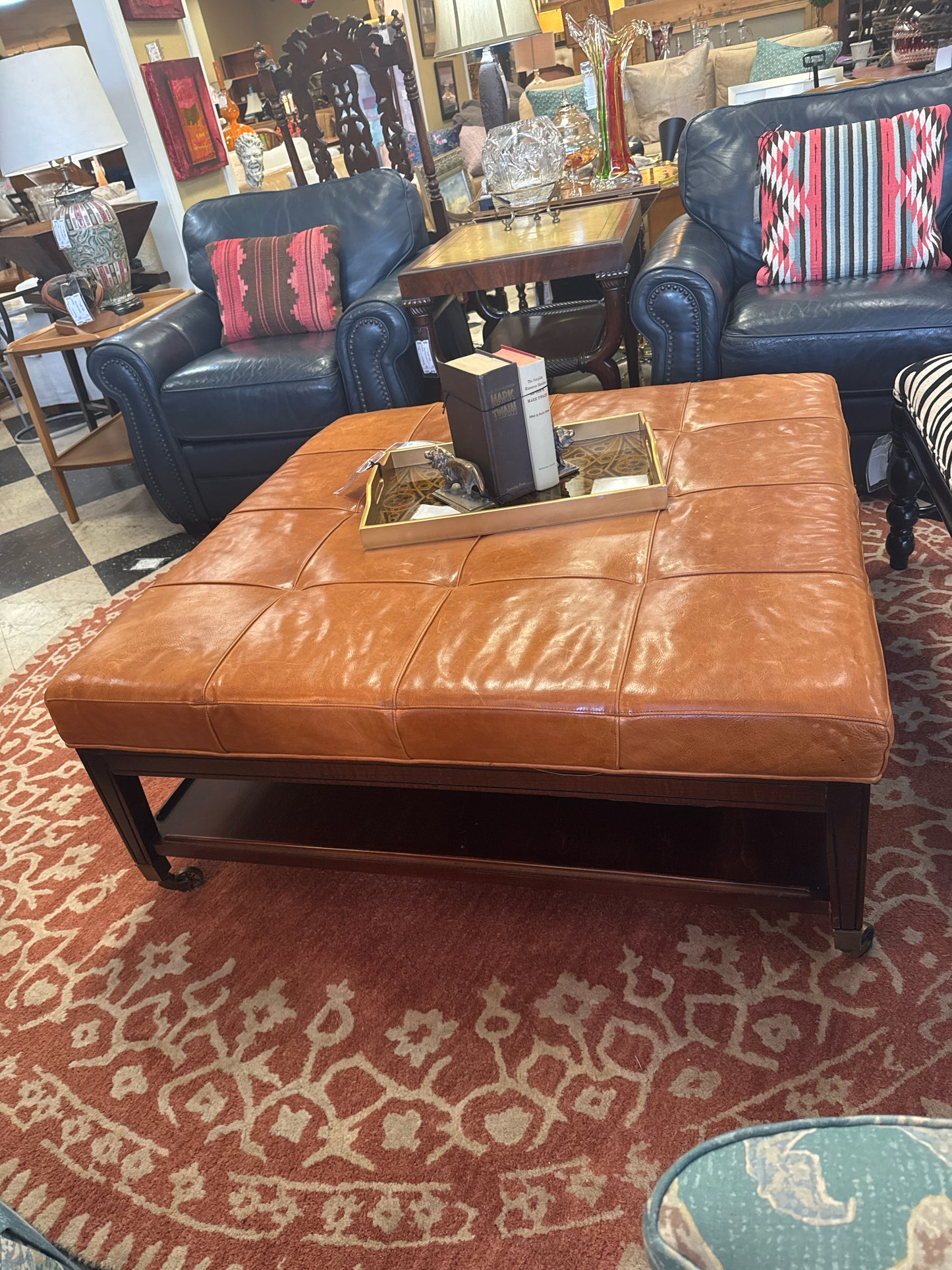 Camel Leather Ottoman w/Wood Shelf Base On Casters (45"x 45")