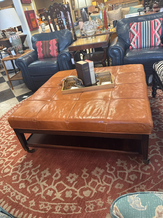 Camel Leather Ottoman w/Wood Shelf Base On Casters (45"x 45")