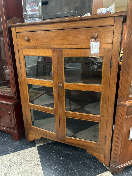Antique Wood Display Cabinet w/Glass Doors on Casters