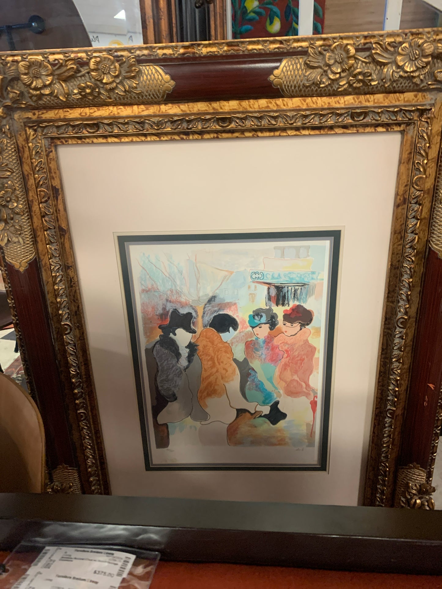 Signed & Numbered Serigraph by Zule "Friends Gather" in Gold & Wine Frame 35x47