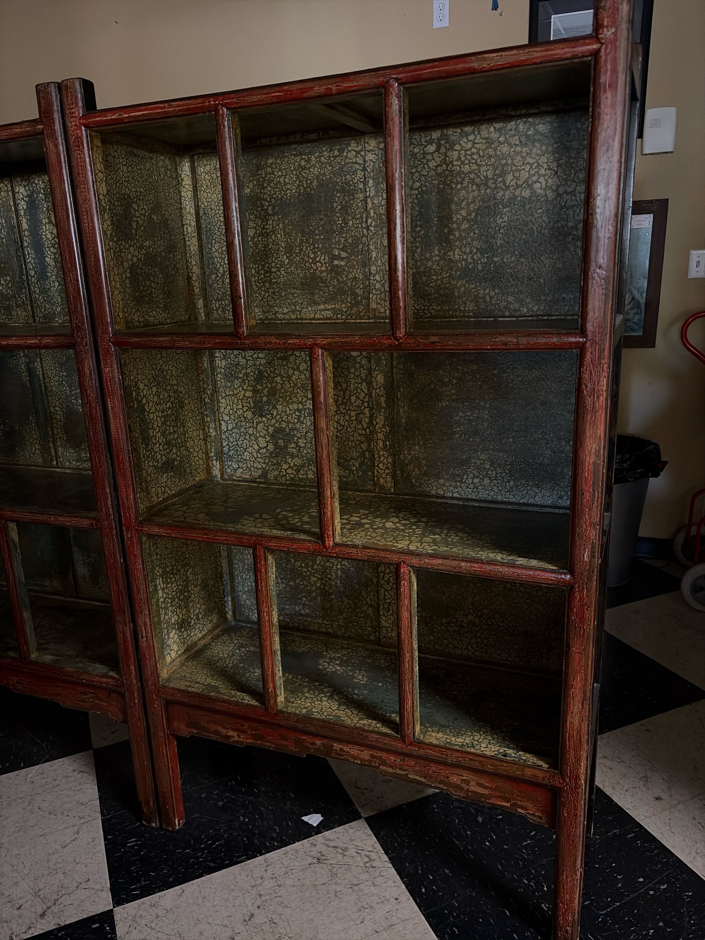 Vintage Solid Wood Chinese Bookcase w/Distressed Red/Green Interior