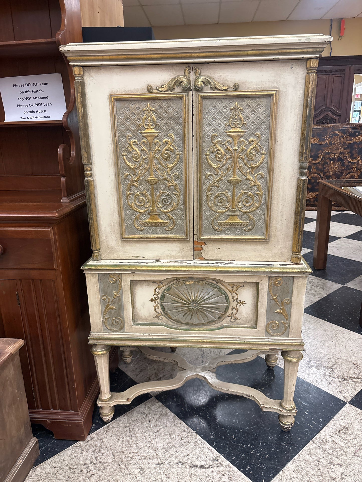 Ornate Wood Cabinet w/ Light & Ivory/Gold/Green Accents