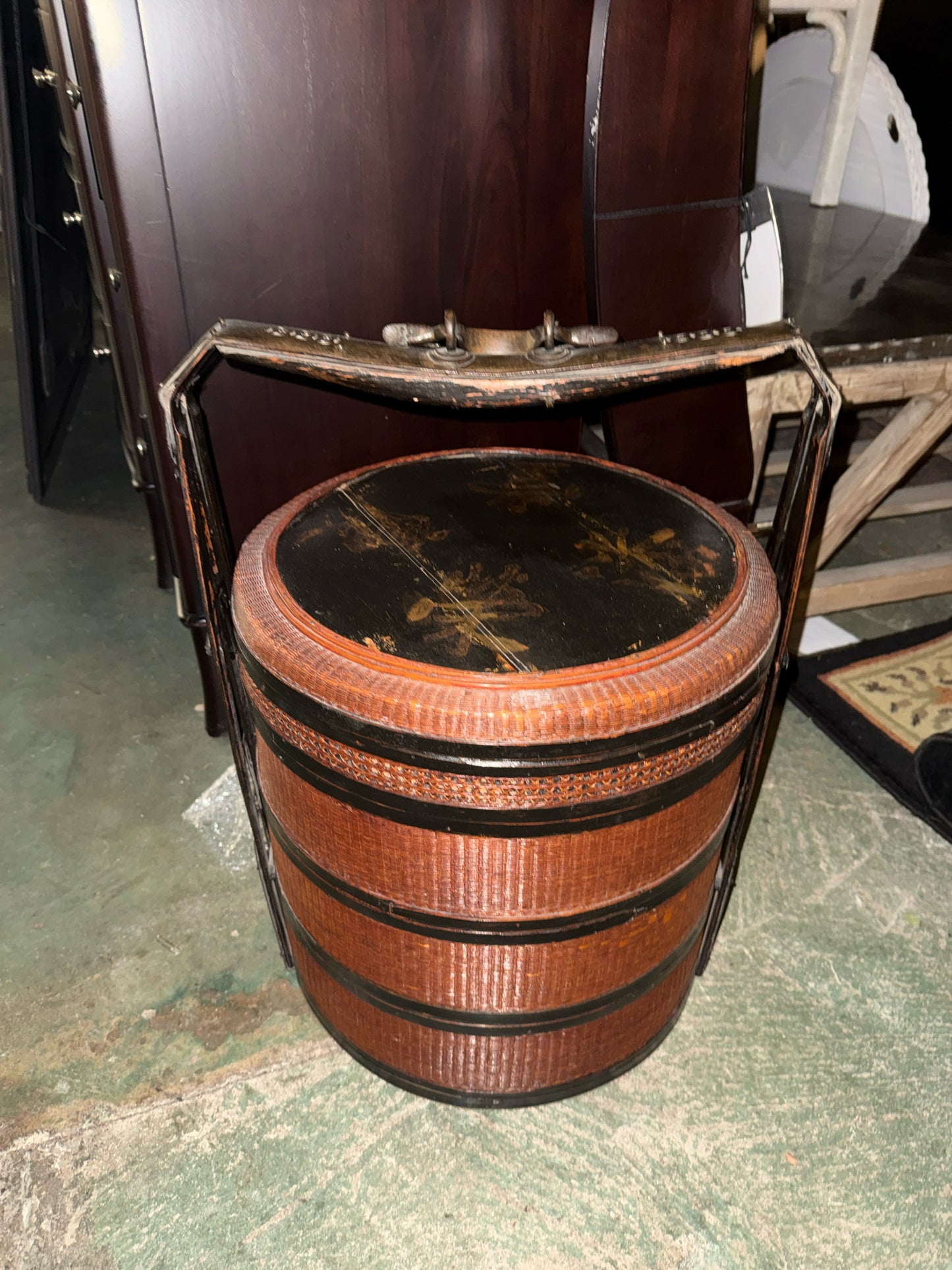 Vintage Black Brown Bamboo 3 Tier Wedding Basket Painted Sides