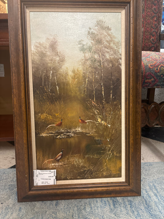 Signed Oil "Pheasants" in Chunky Wood Frame