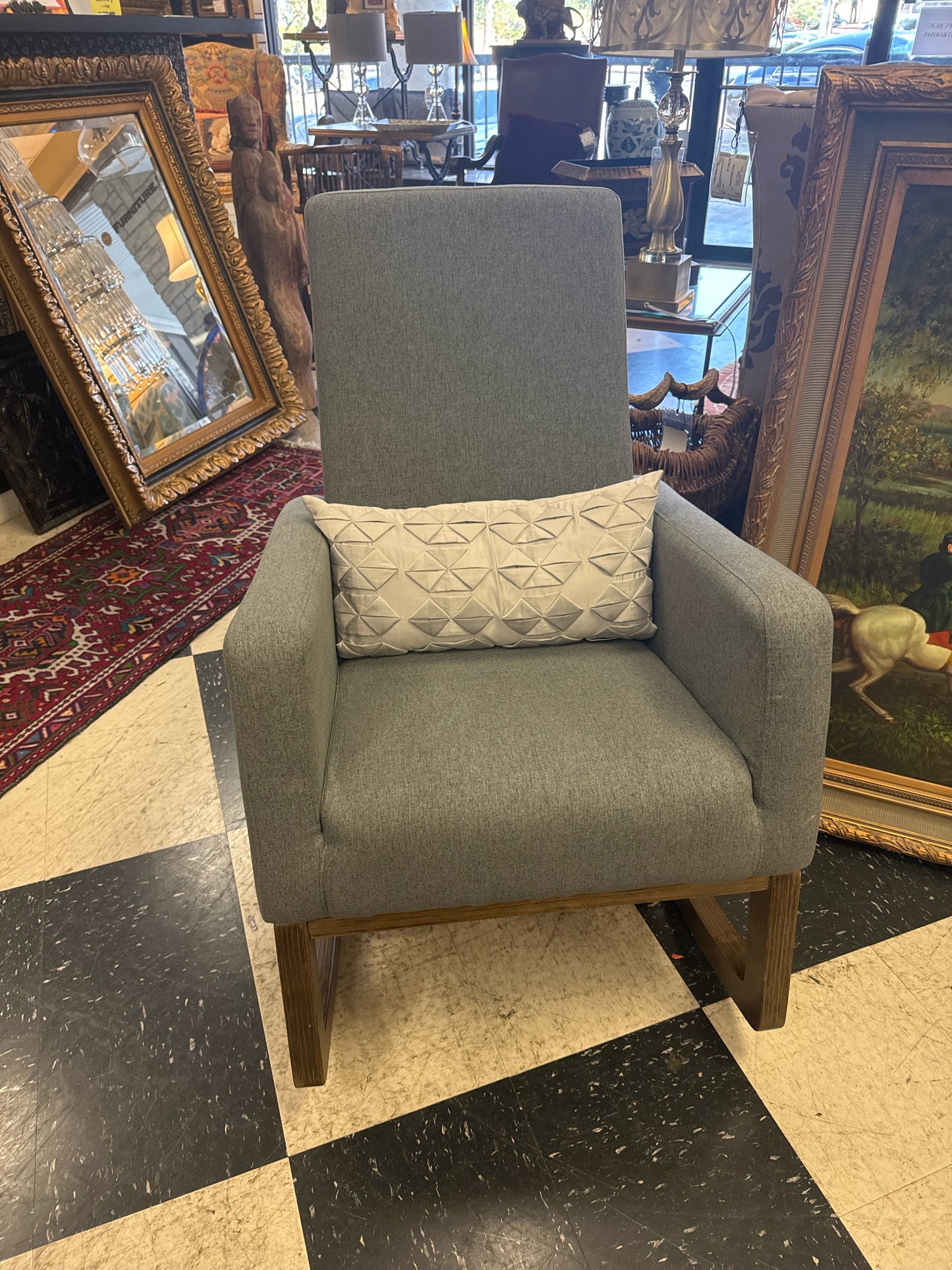 Gray Rocker Chair With Gray Lumbar Pillow