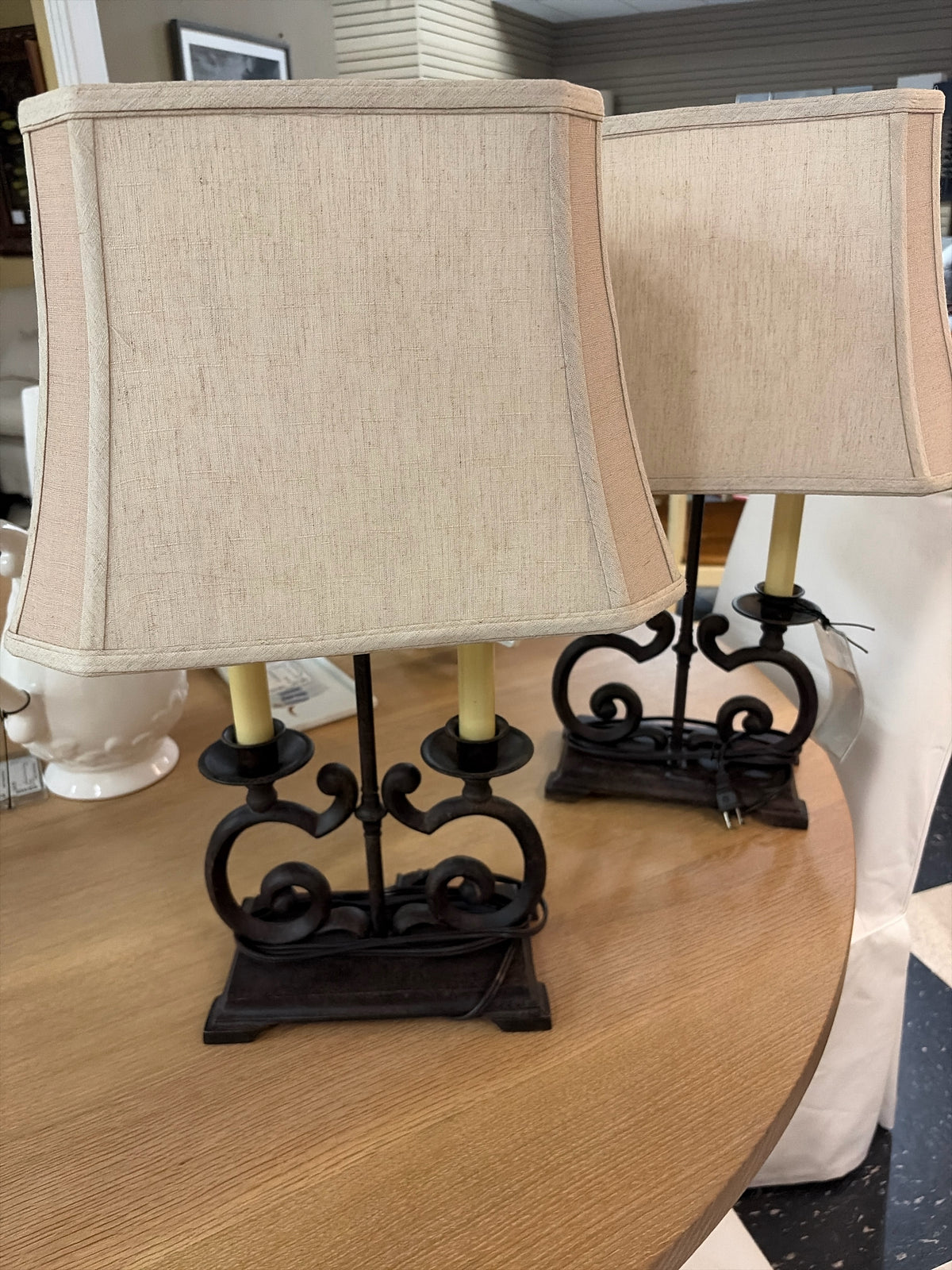 Pair Wrought Iron Double light Base Candlestick Style Sleeves