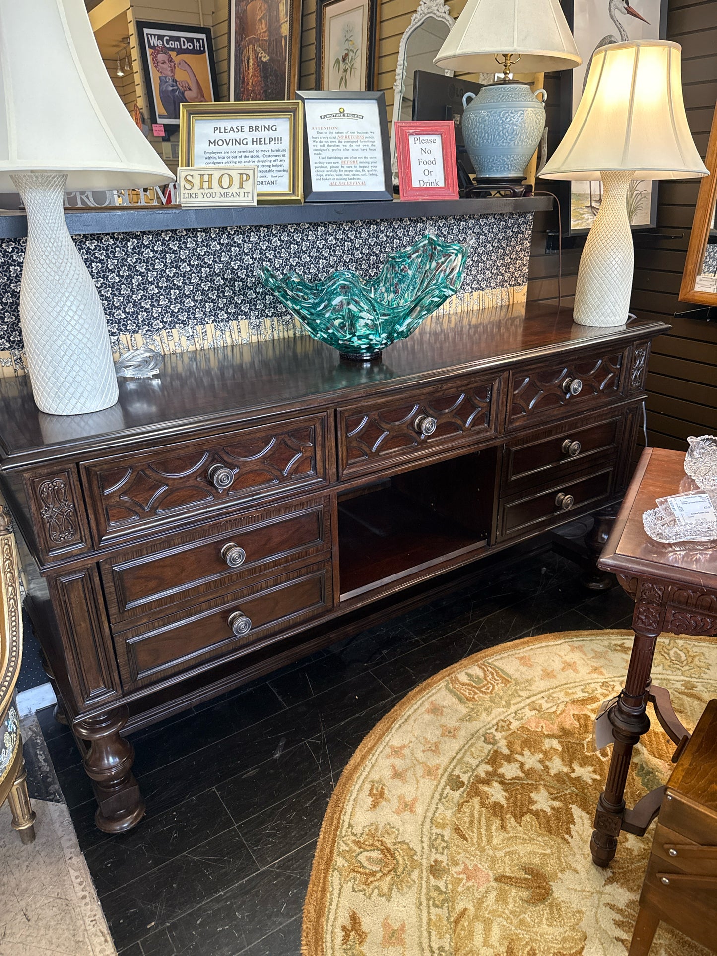 Stanley Furniture- Vintage Dark Wood Credenza/Side Board w/3 Drawers & 2 File Ca