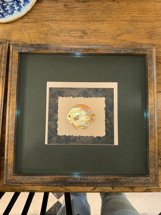 (15" x 16") Signed Mixed Media Painting of Discus Fish in Bronze Frame