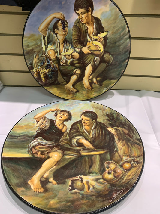 Pair - Signed Spain Murillo Wall Plates w/ Beggar Boys