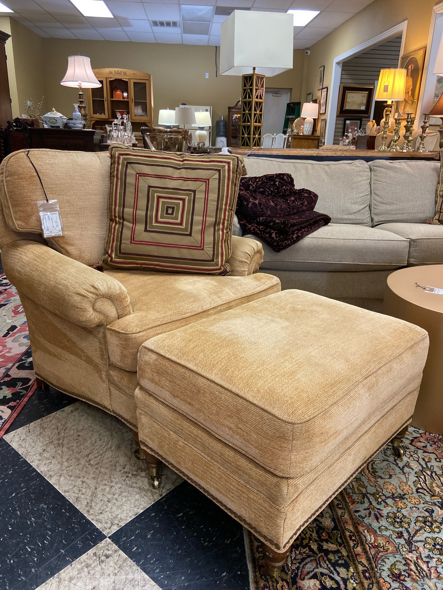 Gold Chair & Ottoman w/ Nailheads on Castors