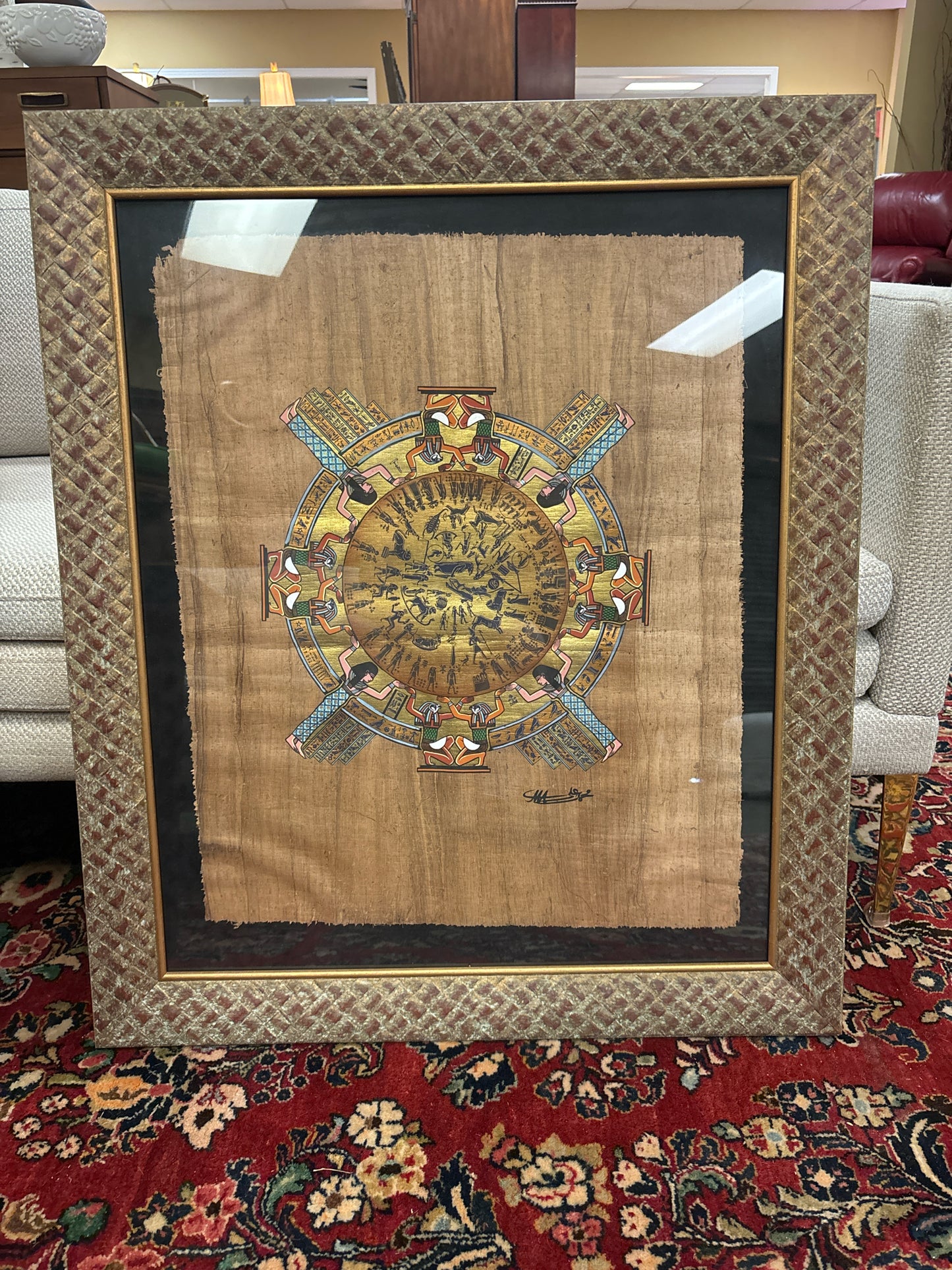 Signed Egyptian Art on Papyrus in Gold/Red Frame