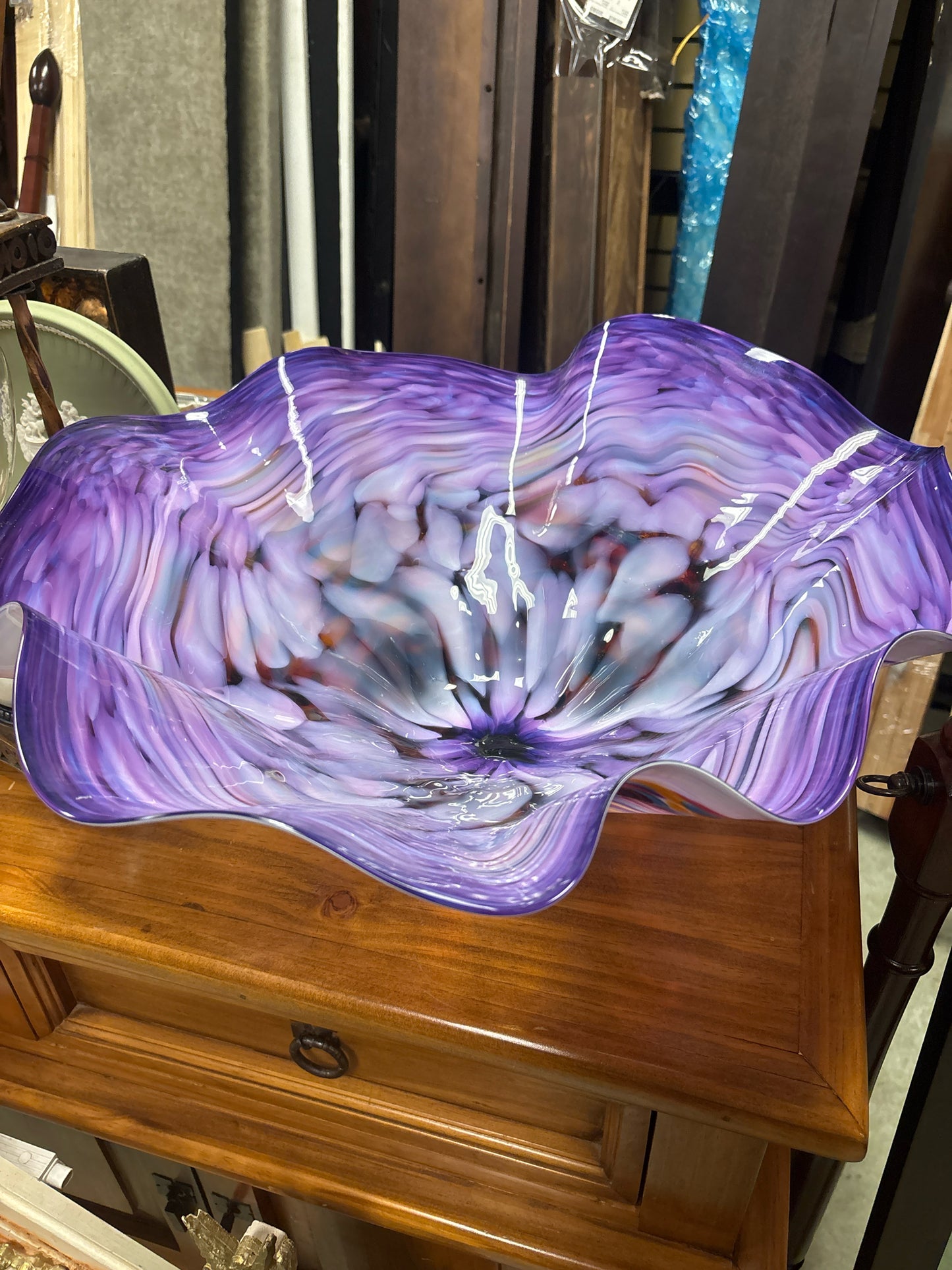 Signed Purple & White Handblown Glass Bowl