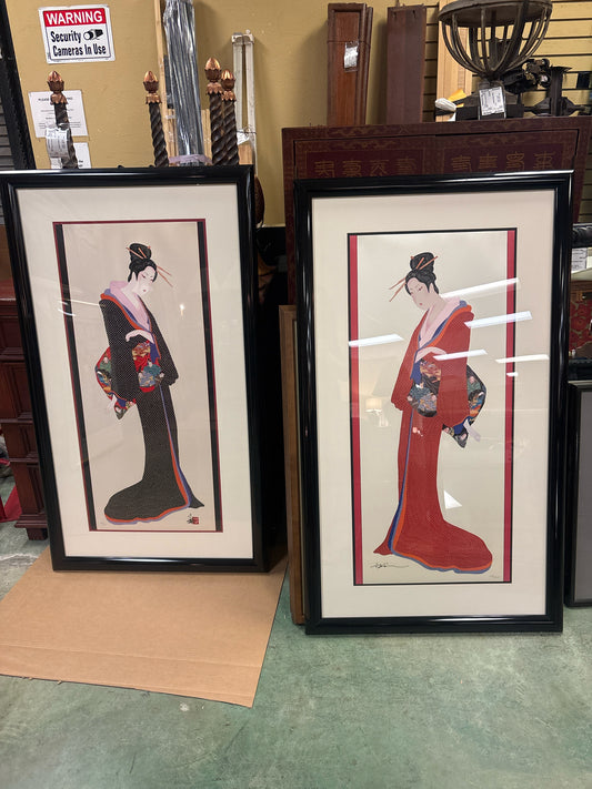 PAIR of Mixed Media Graphic by Hisashi Otsuka Blk Lady & Red Lady w/ COA (30x52
