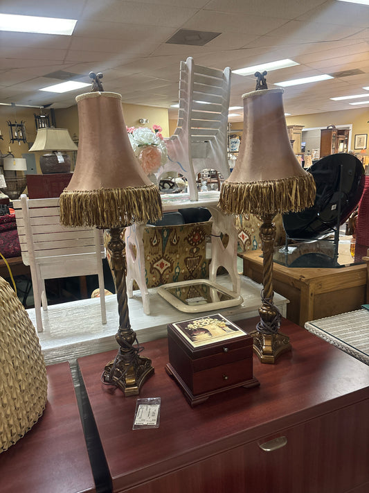 PAIR of Table Lamps w/ Bronze Silk Shades & Tassels