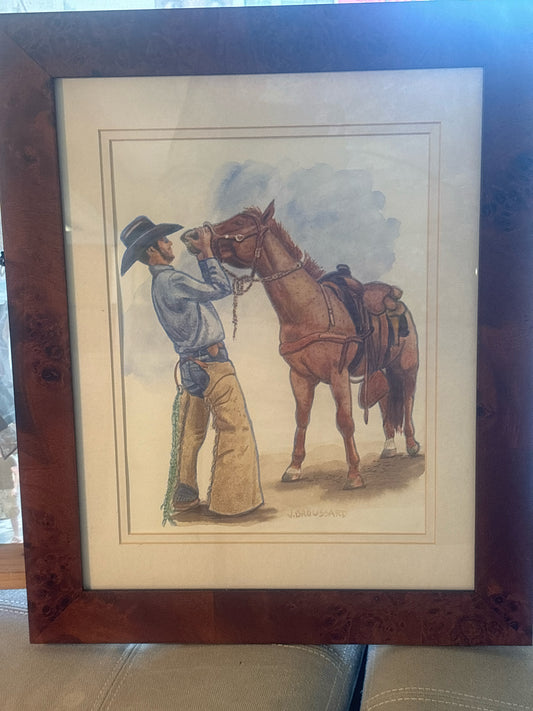 Signed Watercolor "Cowboy w/ Red Roan Horse" (14x17)