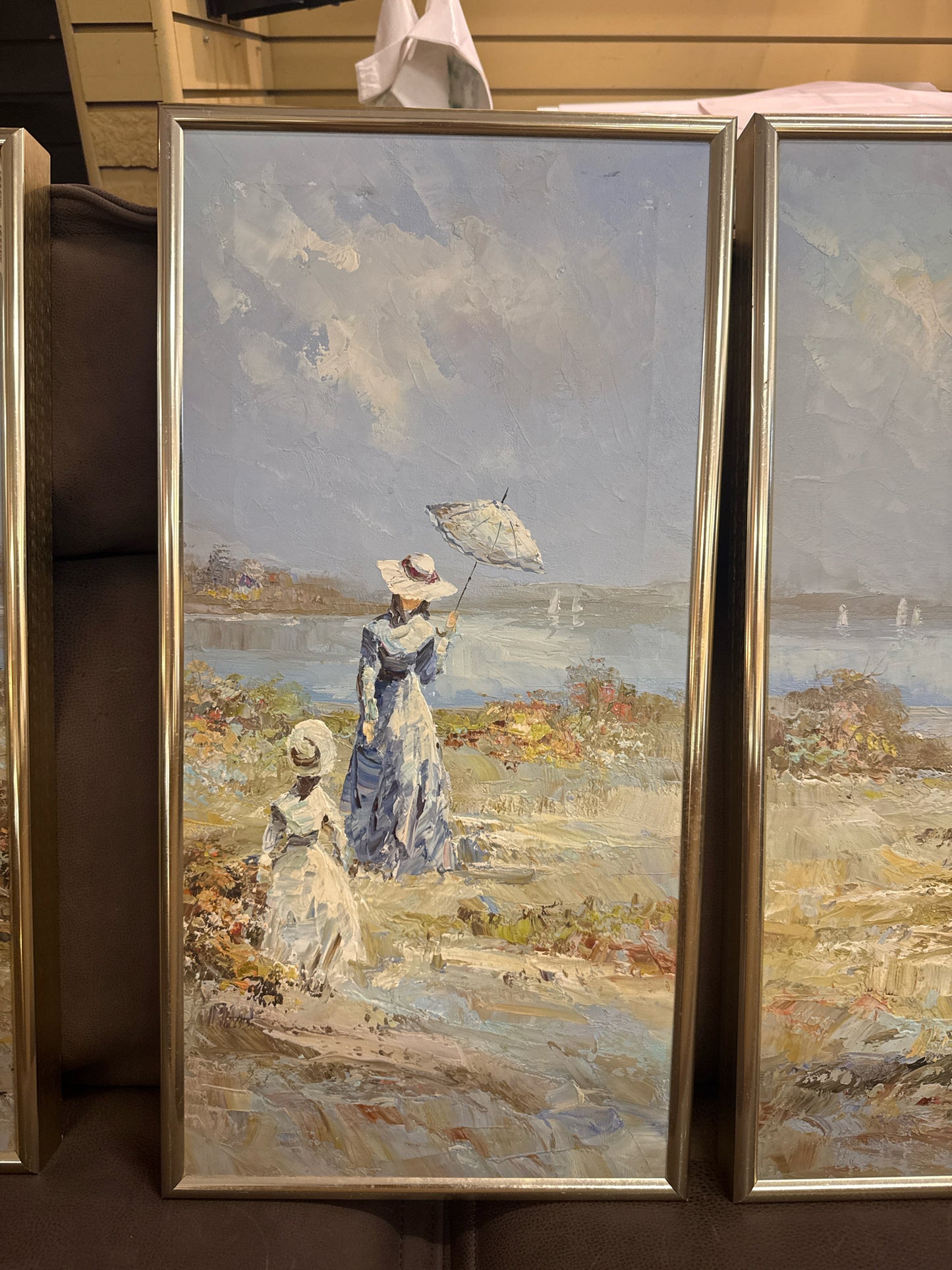 Original Oil Ladies at Beach By French Impressionist Marie Charlot (3 pieces)