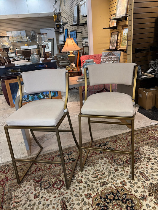 PAIR Ballard Designs Allister Barstools-Matte Brass/Upholstered