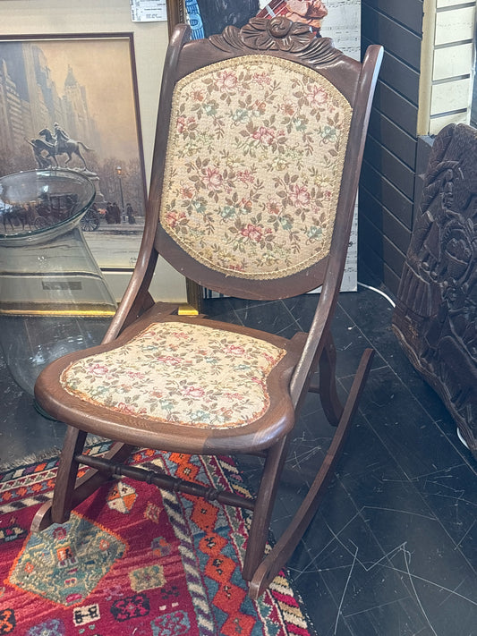 Antique Victorian Style Walnut Folding Rocking Chair w/ Floral Tapestry Upholste
