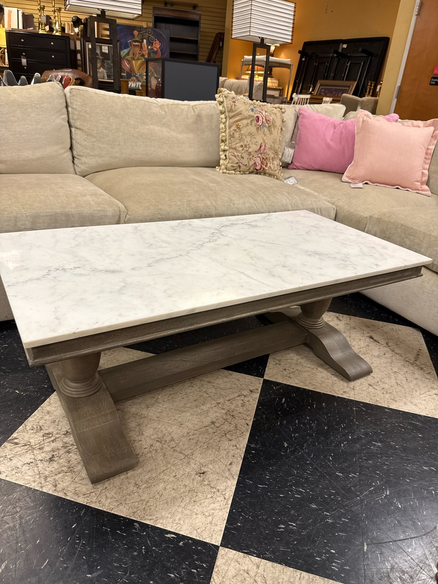 PB Gray Wash Coffee Table Rectangle w/ Marble Top