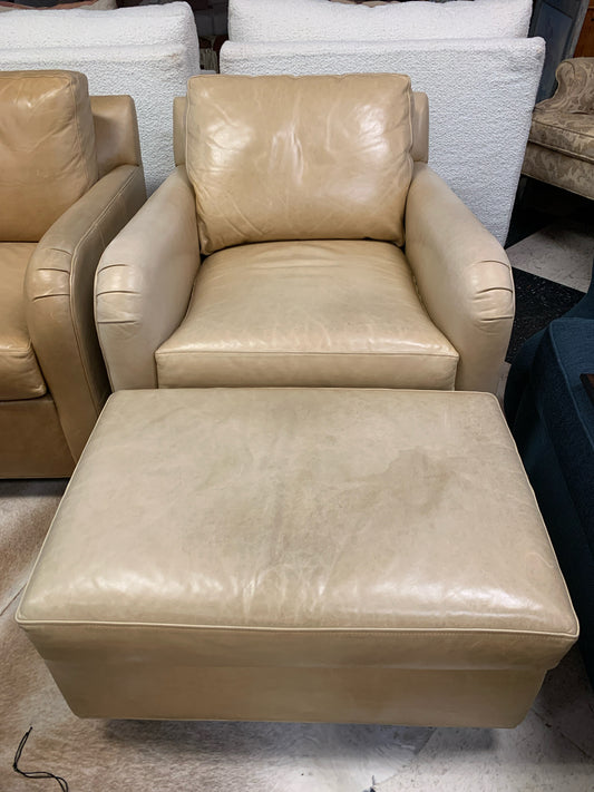 Ethan Allen Blonde Leather Club Chair w/ Ottoman