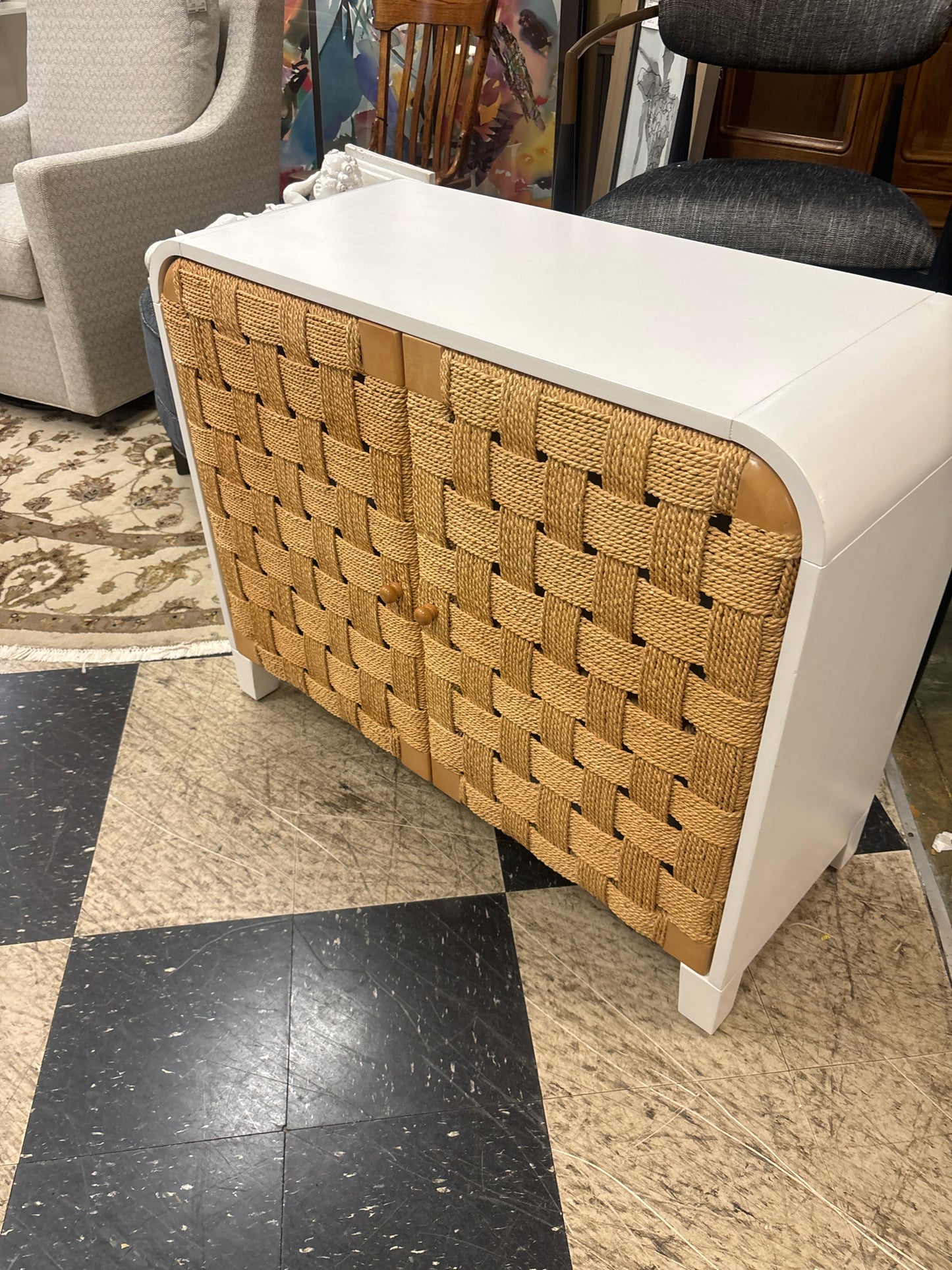 Rounded White Laquer Cabinet w/ 2 Rope Doors (39x32x16)