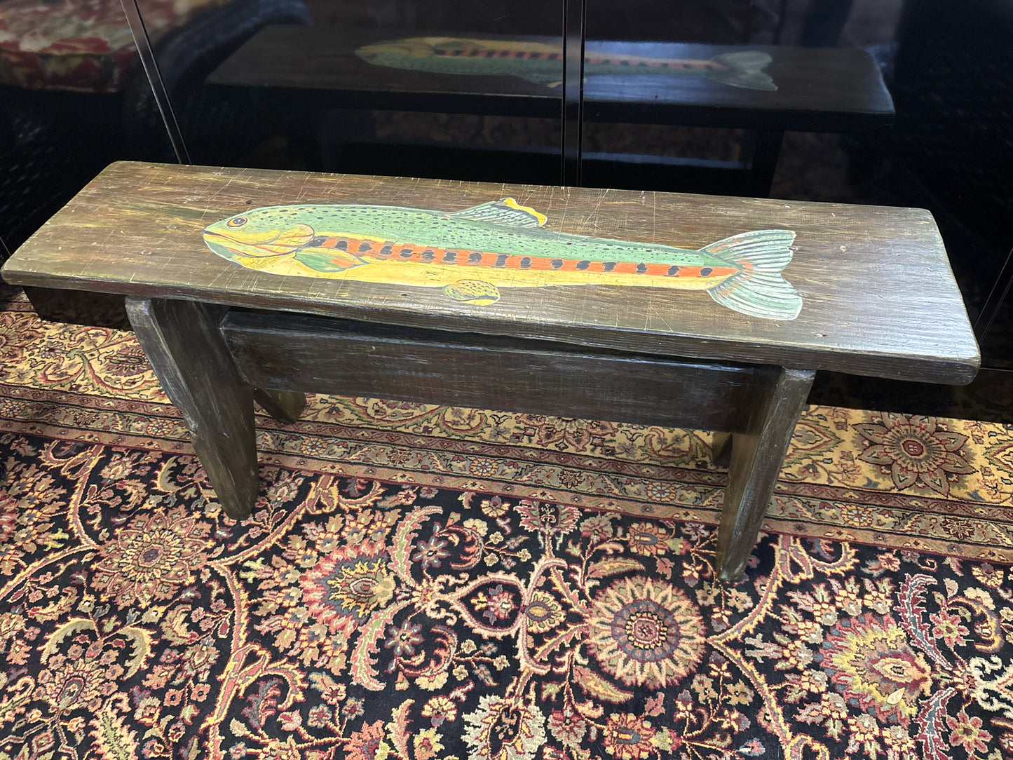 Wood Bench w/ Hand Painted Fish Folk Design (45x11x19)