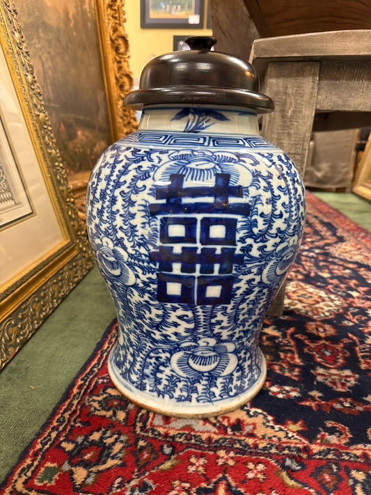 Blue & White Vintage large Ginger Jar w/ Wooden Lid (14")