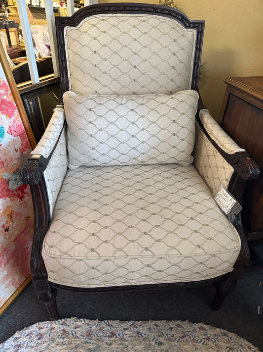 French Chair with Wooden Accents - Ivory with Sage Green Print