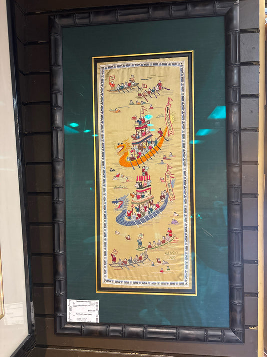 Chinese Silk Wall Hanging in Bamboo Frame