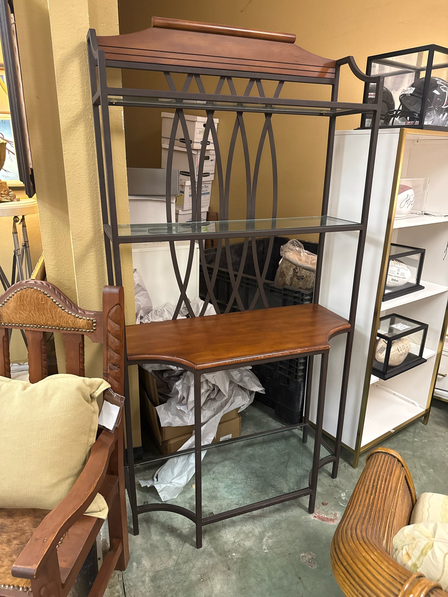 Decorative Dark Metal Frame Baker's Rack w/Wooden & Glass Shelves