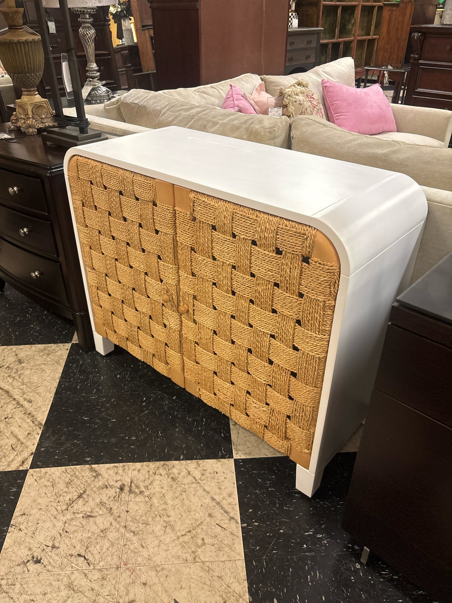 Rounded White Laquer Cabinet w/ 2 Rope Doors (39x32x16)