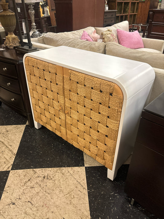 Rounded White Laquer Cabinet w/ 2 Rope Doors (39x32x16)