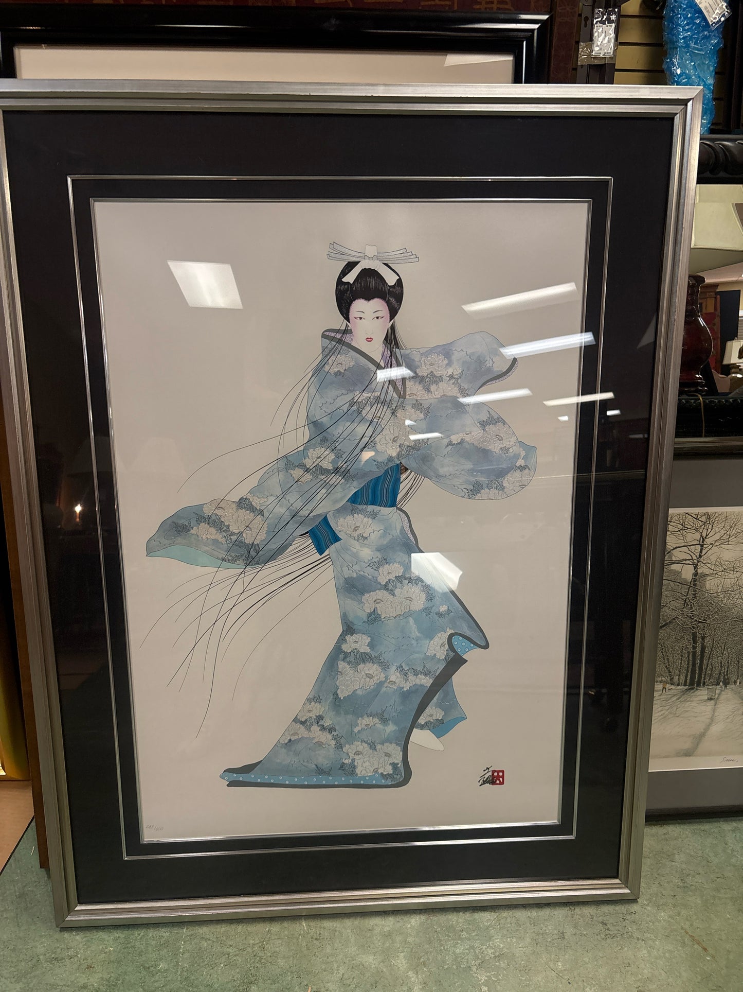 Signed & Numbered Blue Kimono Lady in Silver Frame (36x48)