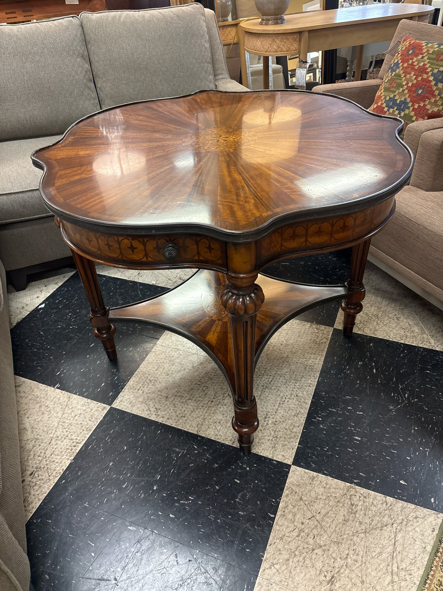 Theodore Alexander 39" Entry Table w/ Sunburst Inlaid Walnut Top & Scallop Edge