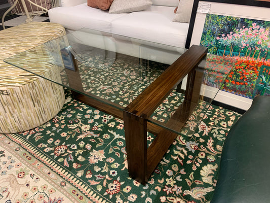 MCM Glass Top w/ Wood Base Coffee Table 48x30x18