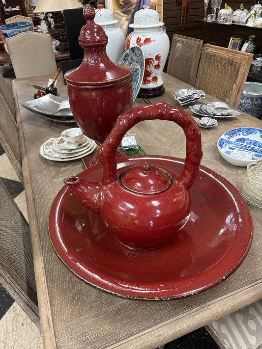 SET of 3 Red Pottery Pieces - Urn/Kettle/Platter