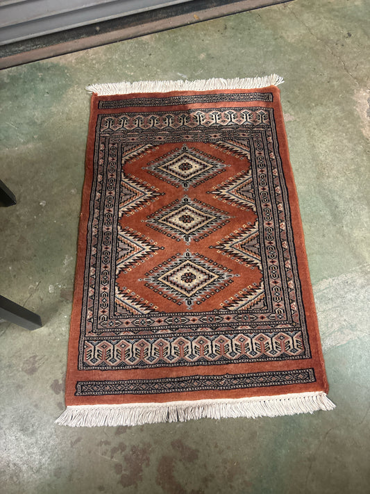 100% Wool Hand Tied Rug (2'x3') -Orange/Black/Beige