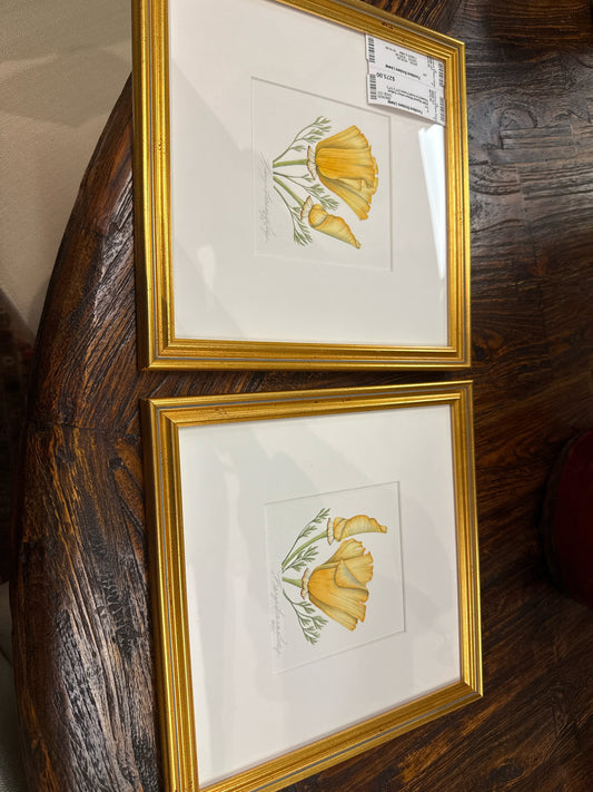 PAIR Signed Watercolors Yellow Flowers in Gold Frame (11"x 11")