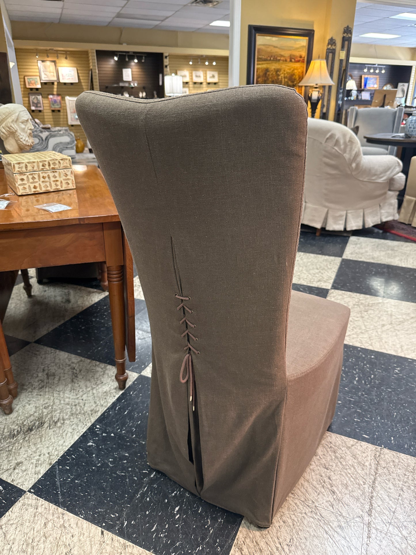 PAIR Slip Covered Chairs- Taupe/Grey w/Lacing on Back