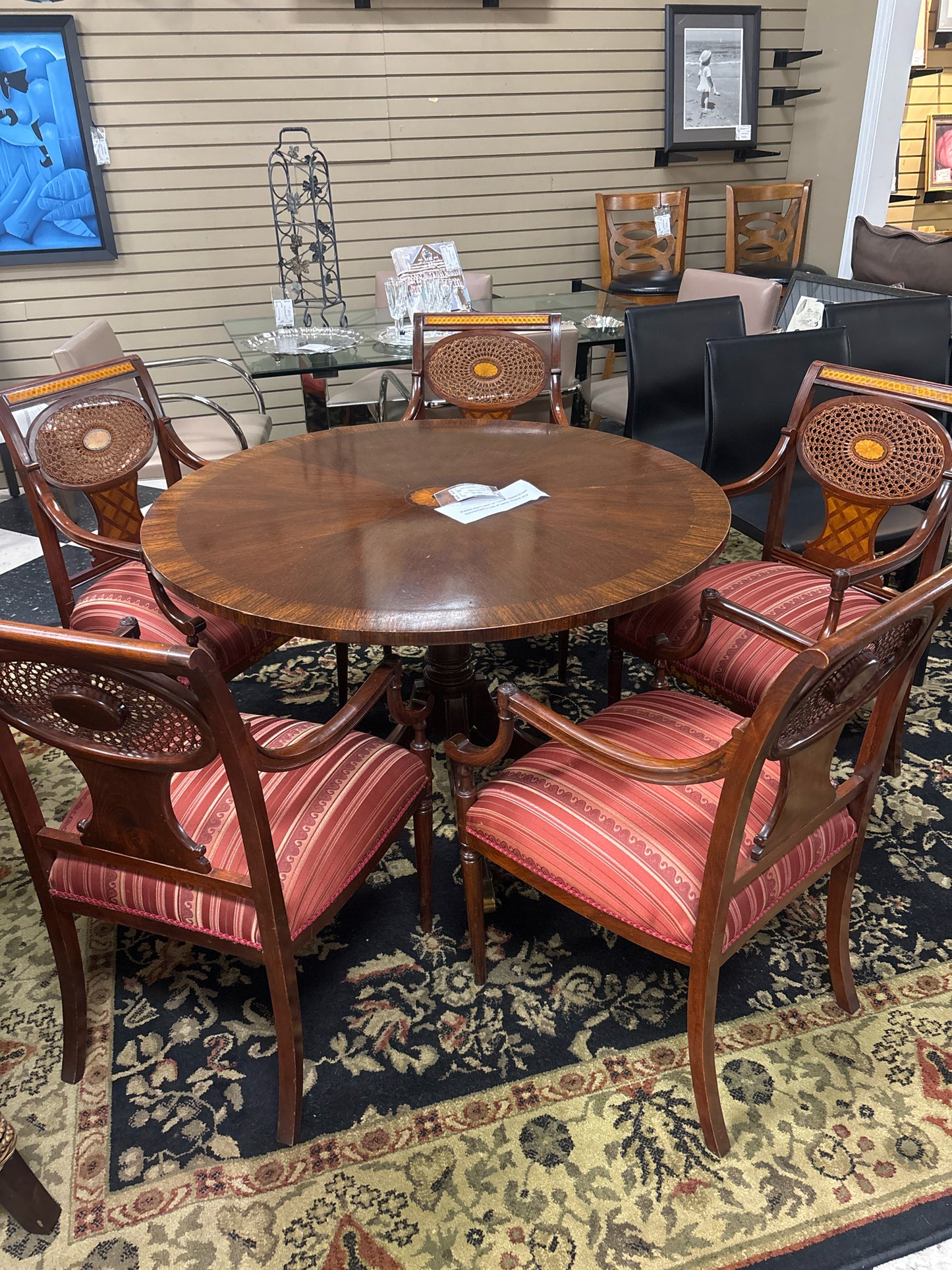 SET of 4 French Neoclassical Arm Chairs w/ Woven Wicker Backs& Red Striped Uphol