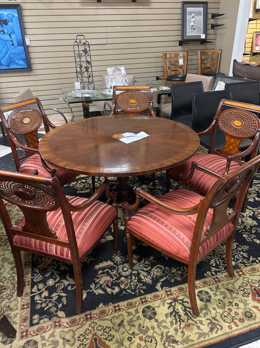 SET of 4 French Neoclassical Arm Chairs w/ Woven Wicker Backs& Red Striped Uphol