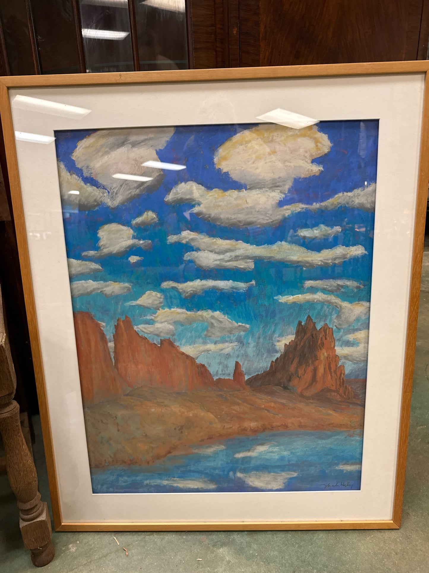 Signed Original Pastel Drawing Red Rocks Landscape w/ Light Wood Frame (27x33)