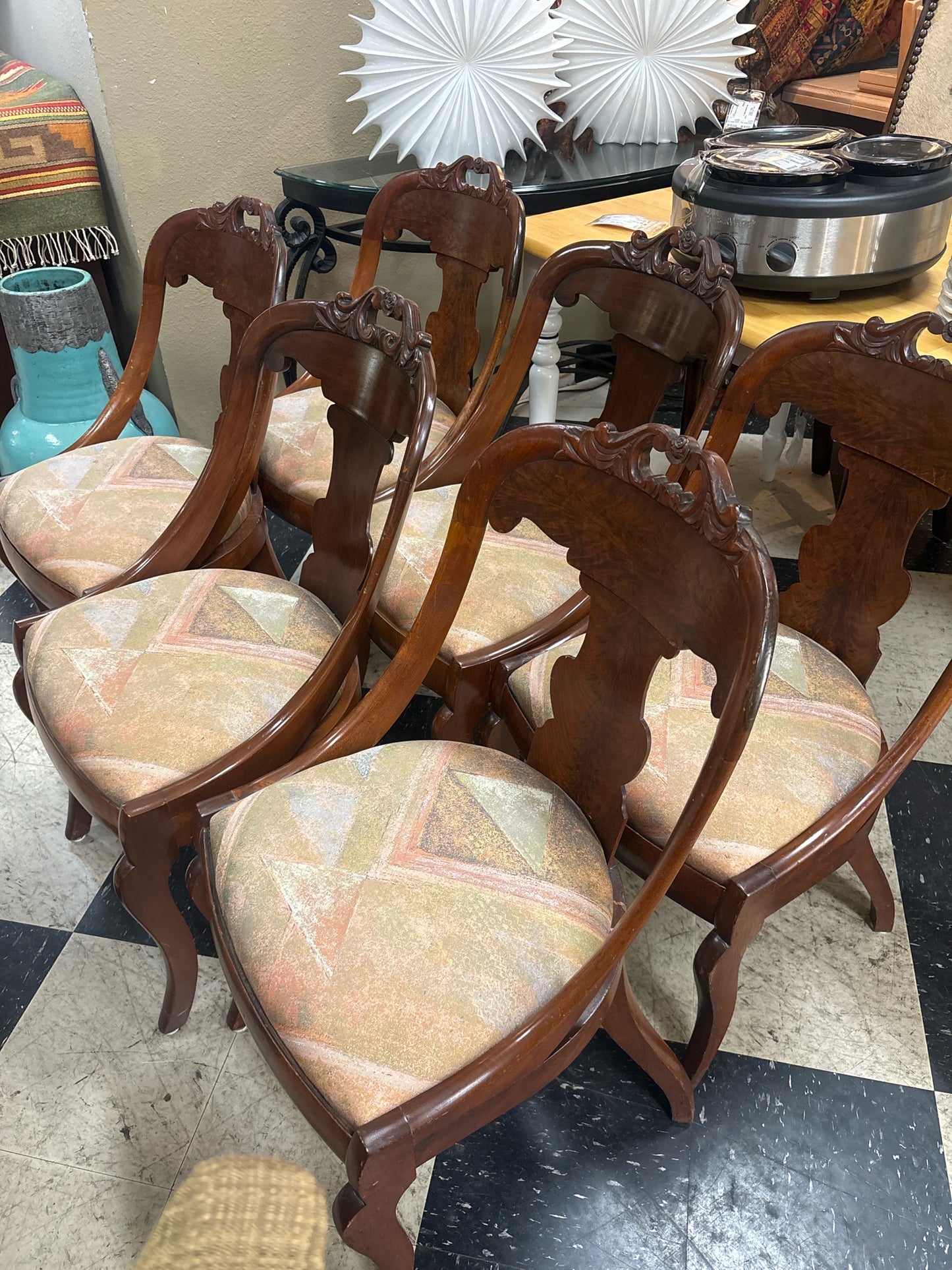 SET of 6 Original Antique Inlay Tiger Maple Dining Chairs