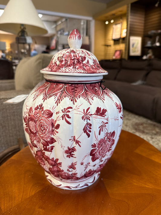 Handpainted Italian Red & White Ginger Jar w/ Lid