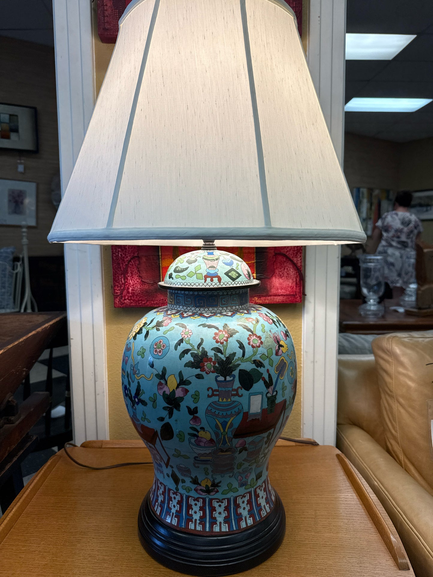 Cloisonné Ginger Jar Lamp w/ Silk Shade-Aqua w/Multicolor