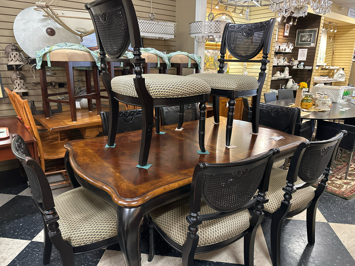 SET of 8 Wide Seat Wooden Dining Chairs w/ Cane Backs and Black & Taupe Seats