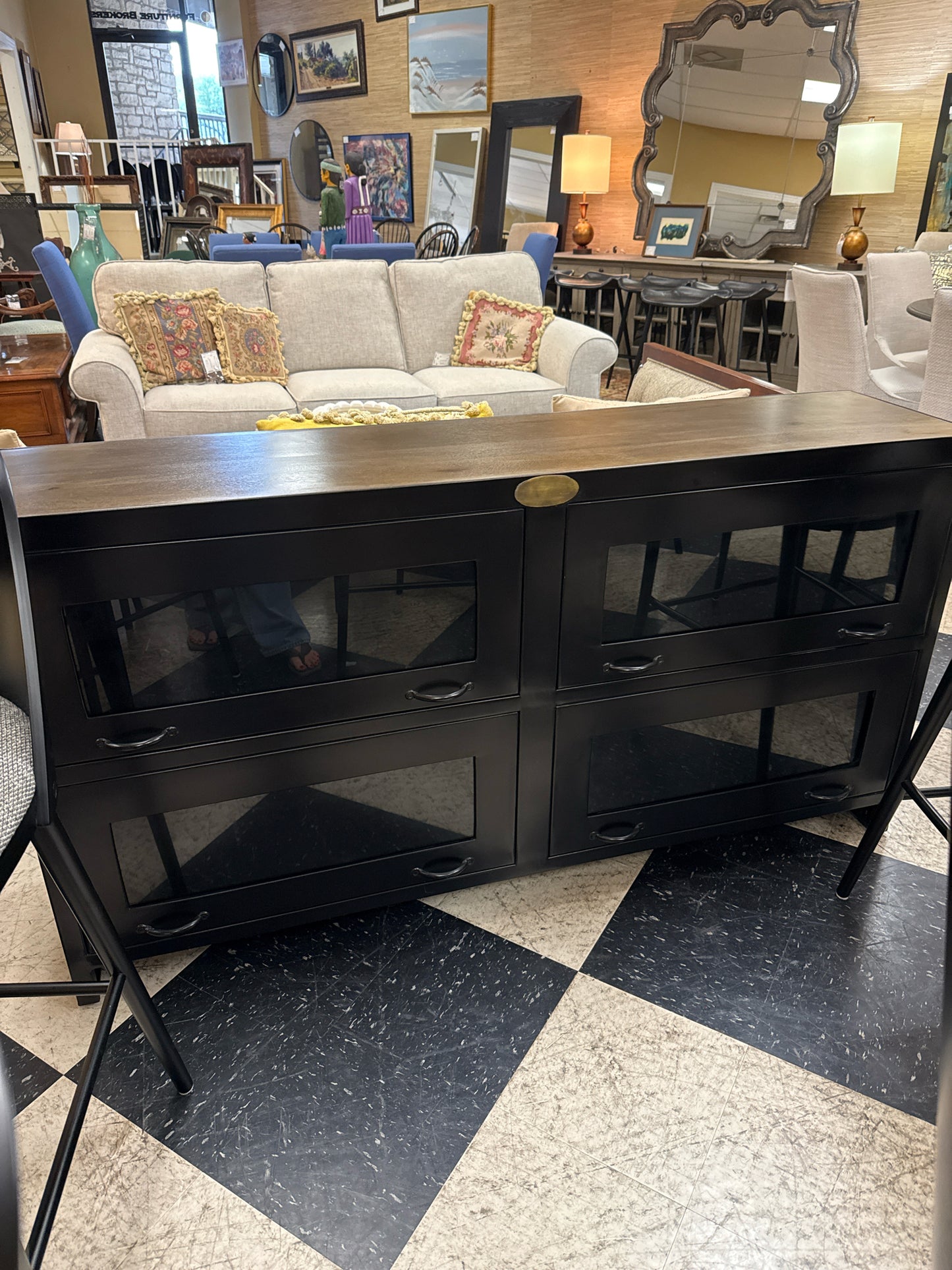 Four Hands Rockwell Console w/ Glass Doors Black Antique Iron(64x15x34+1)