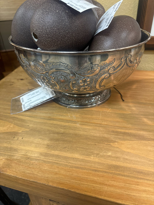 12" Silver Plated Footed Punch Bowl w/Embossed Feathers & Flowers